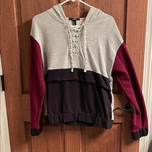 H&M Gray, Black & Burgundy Lace-Up Colorblock Hoodie
